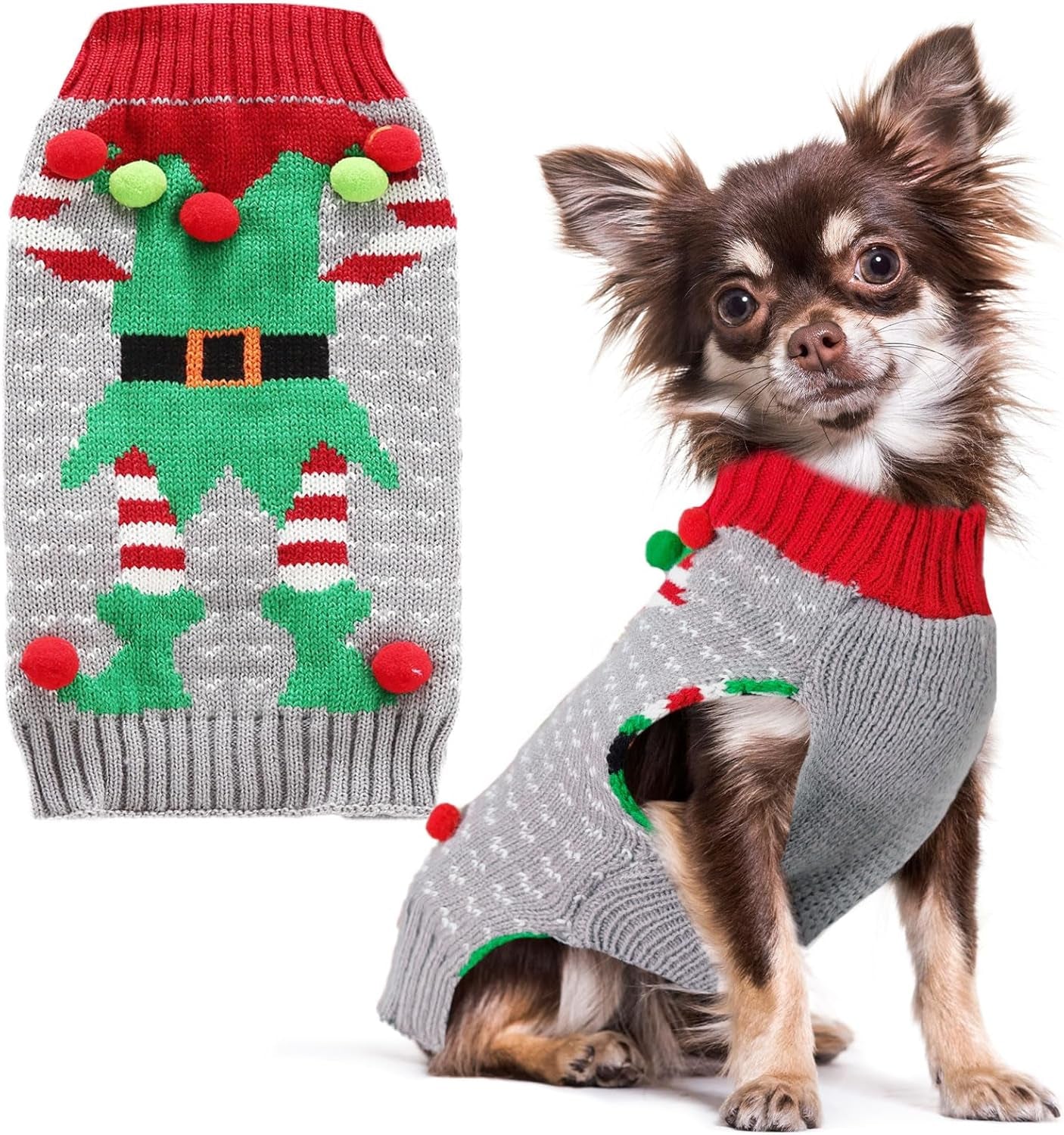 Dog Christmas Sweater Ugly Elf Clown Cat Sweater Vest Pet Jumper Grey Green Holiday Dog Clothes Puppy Sweaters for Small Medium Large Dogs Cats Fall Winter Outfits Xmas Dogs Costume,Xx-Small