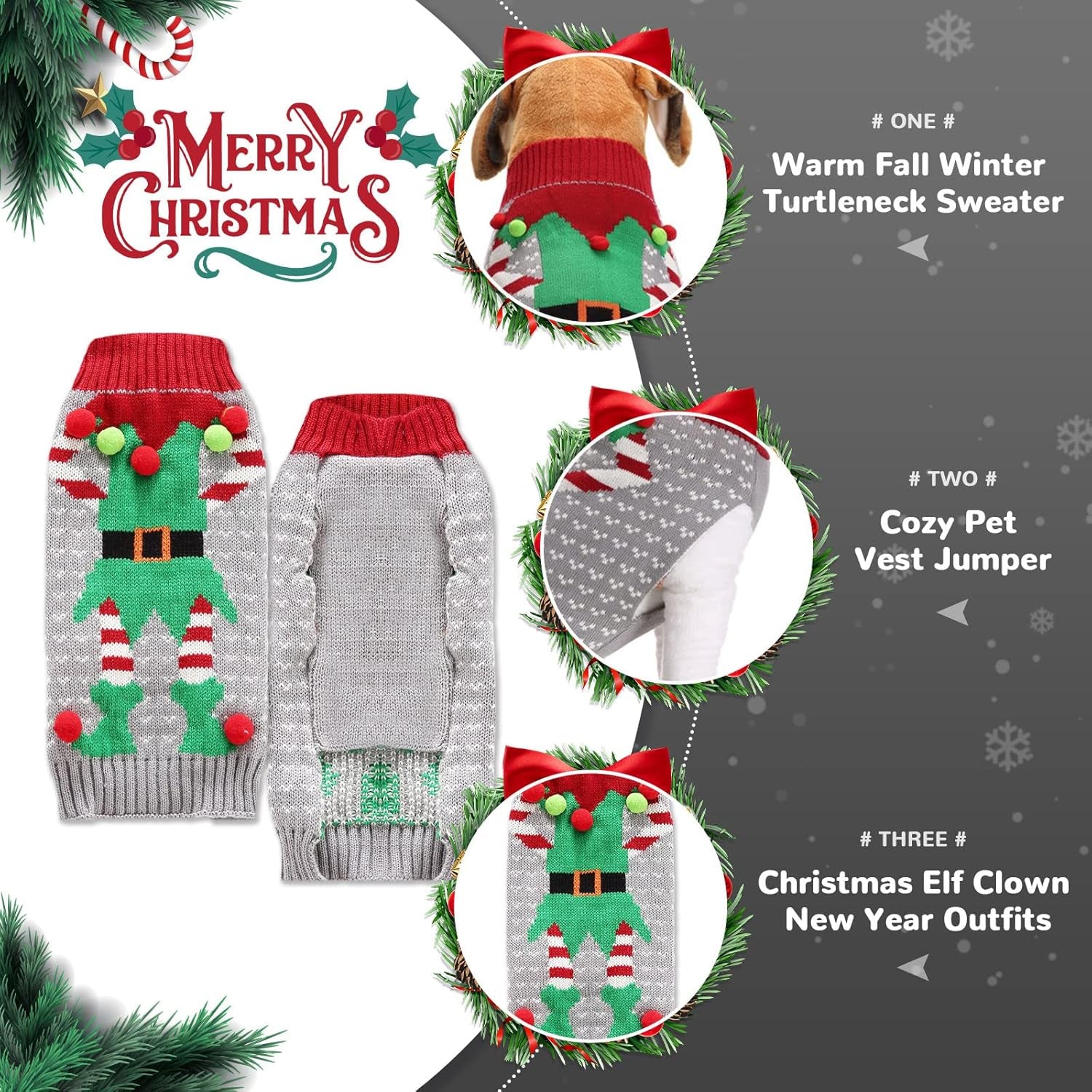 Dog Christmas Sweater Ugly Elf Clown Cat Sweater Vest Pet Jumper Grey Green Holiday Dog Clothes Puppy Sweaters for Small Medium Large Dogs Cats Fall Winter Outfits Xmas Dogs Costume,Xx-Small